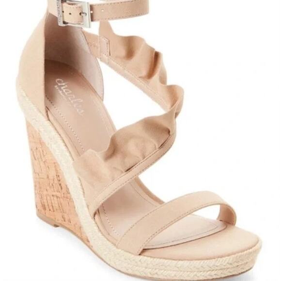 Charles by Charles David sandals women’s 7.5 tan suede Brooke cork wedge ruffle - Picture 1 of 6